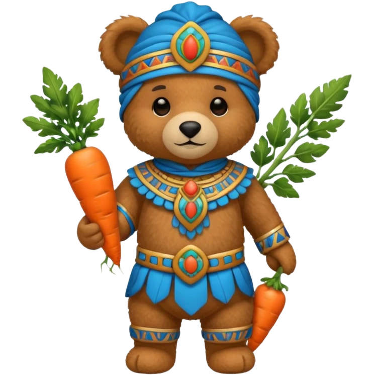 teddy bear, wearing blue mayan ancient custome, with carrot half body emoji