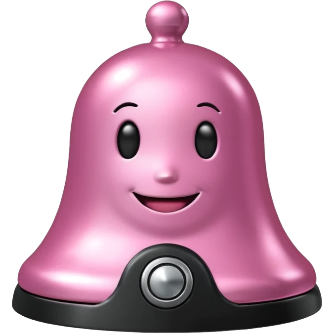 pink call bell with black base and silver knob and with smiley face on it emoji