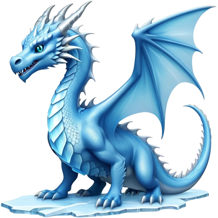 Cinematic Noble elegant Ice Dragon full body Emoji, Poised and imposing, distinct long elegant snout, with a slender, scaled body shimmering in glacial hues of icy blue, frostbitten silver, and crystalline white, breathing out frost, with piercing, glowing eyes that radiate the chilling depths of an arctic storm; rendered in detail. displaying its wings emoji