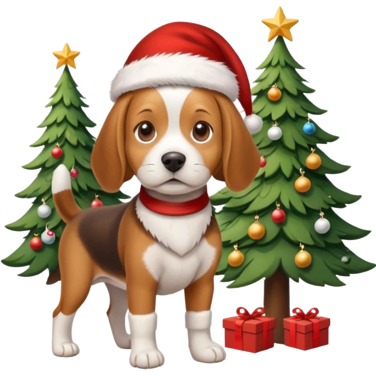 beagle wearing santa hat and standng by the xmas tree emoji