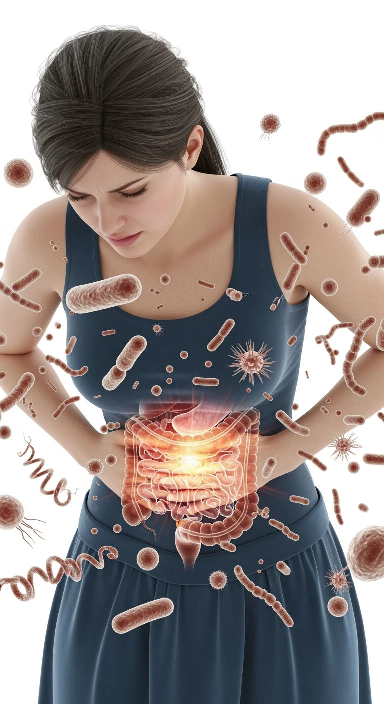 DONNA CON MAL DI PANCIA E INTESTINO UMANO ANATOMICO VISIBILE, BATTERI INTESTINALI FLUTTUANO INTORNO, IPERREALISTICO 4K, SFONDO BIANCO emoji