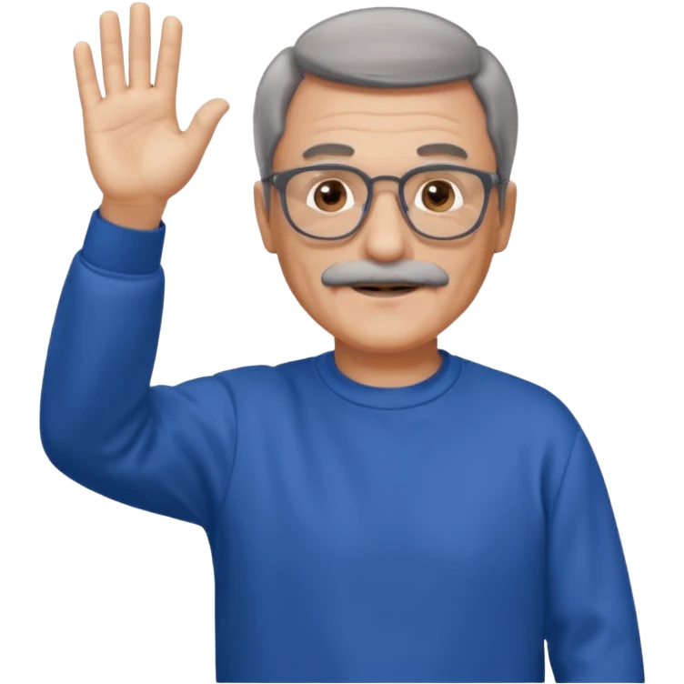 60 yr man partial brown hair parted in center, gray mustache, light glasses, sweatshirt waving hello emoji