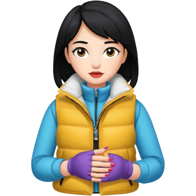 girl with black hair in a white puffer vest with nails emoji
