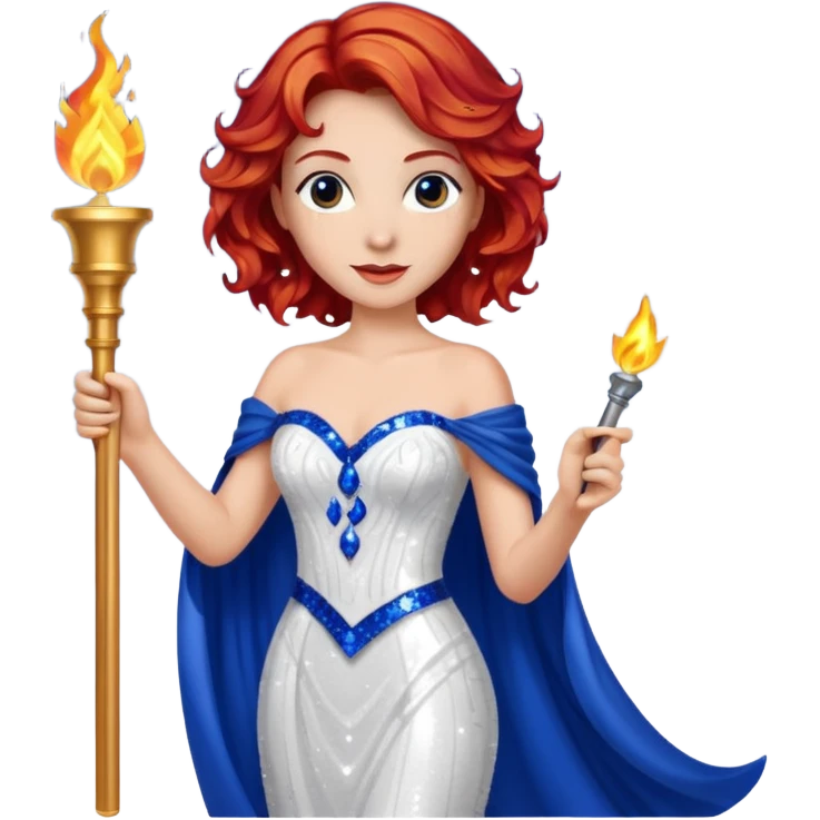 Torch Lady from Film Studios with red wavy hair, white sequin gown, royal blue sequin drape, holding torch emoji