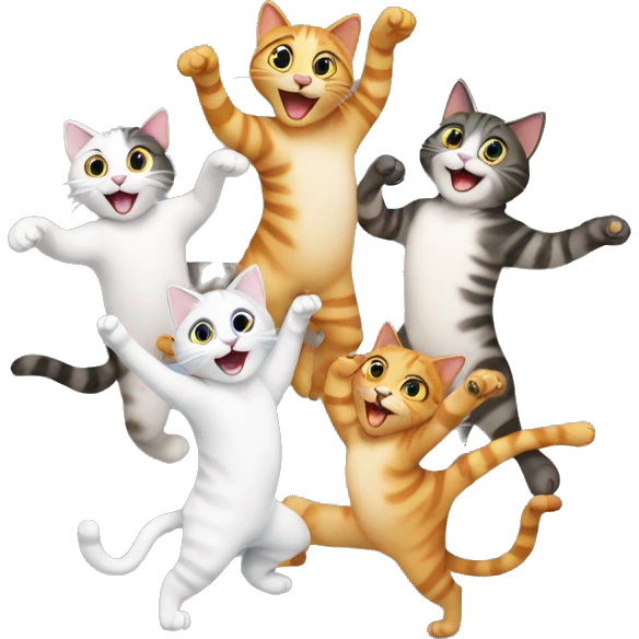 6 happy cats dancing together emoji