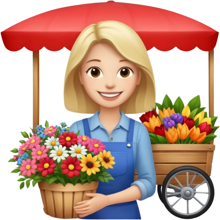Shopper with flower bouquet,Farmers’ Market, background Flowers cart. emoji