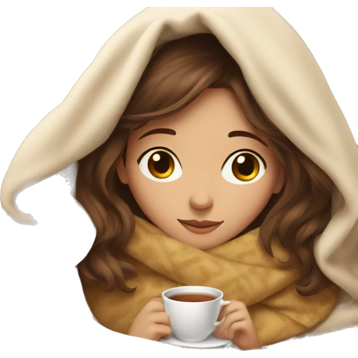 Girl with brown hair cozy in her blanket with tea emoji