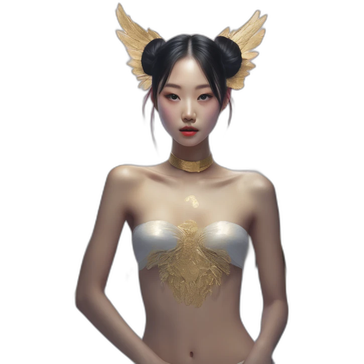 Korean girl-,-david-bellemere,-bare-belly, -wings,-choker,-bathed-in-shadows,-fov-90-degrees,-short-lighting,-I-usm,-cold-colors,-gilded-technique,-extremely-hyper-aesthetic, -absurdres emoji