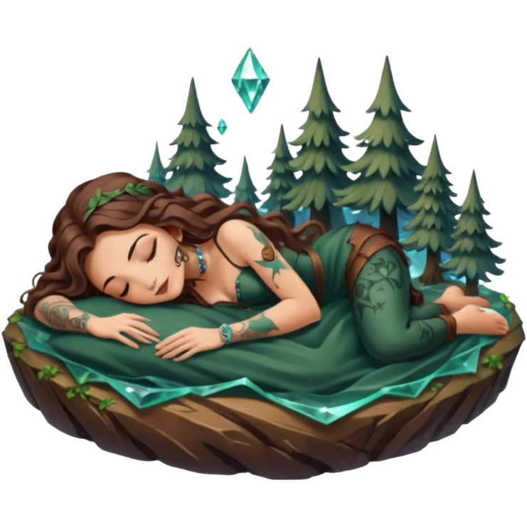 cute forest witch woman long wavy brown hair tattoos napping on crystal emoji