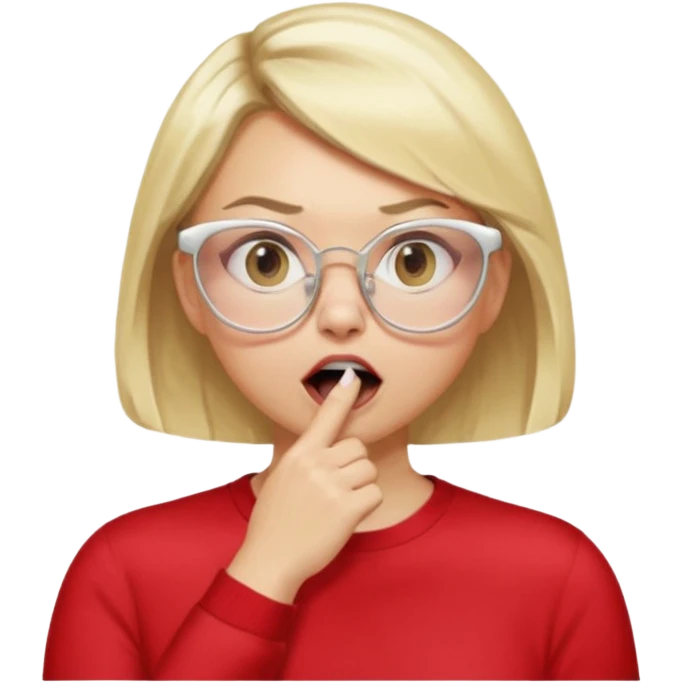 emoji style, side view woman with light skin, blonde bob hair, white cat-eye glasses, red shirt, hand cupped tightly around her mouth, hand close to nose and lips, shouting loudly, energetic expression, simple background emoji
