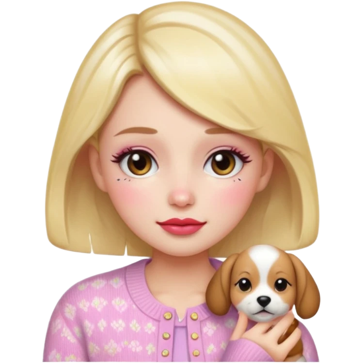 “Emoji girl, dewy skin, flushed blush across cheeks and nose, glossy cherry lips, soft puppy eyeliner, slightly teary sparkling eyes, wearing pastel cardigan.” emoji