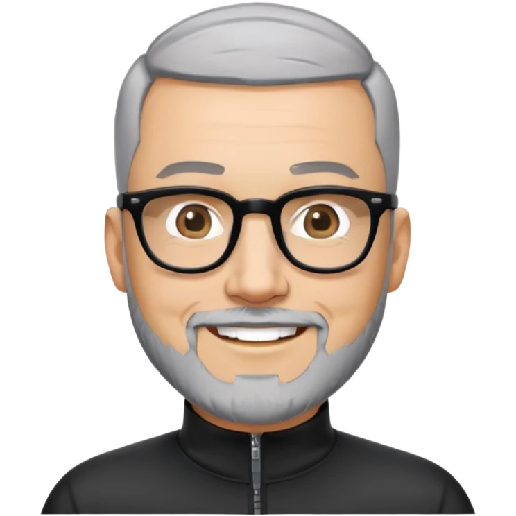 Man with light skin, buzz cut black hair, short peppered gray beard, large black-framed glasses, smiling face, black long sleeve athletic shirt with zippered high neck emoji