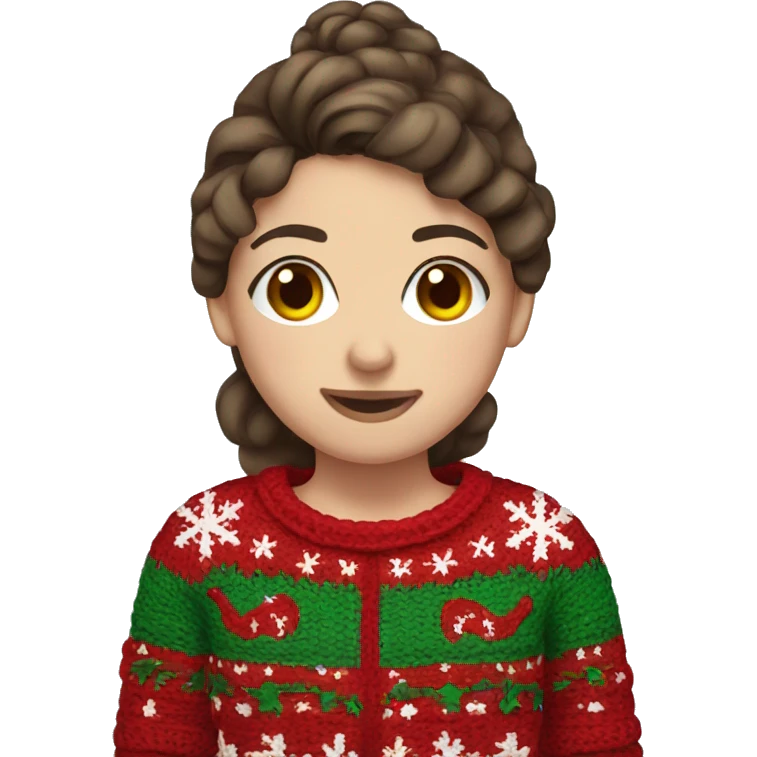 Girl with brown hair in a ugly christmas sweater crocheting emoji