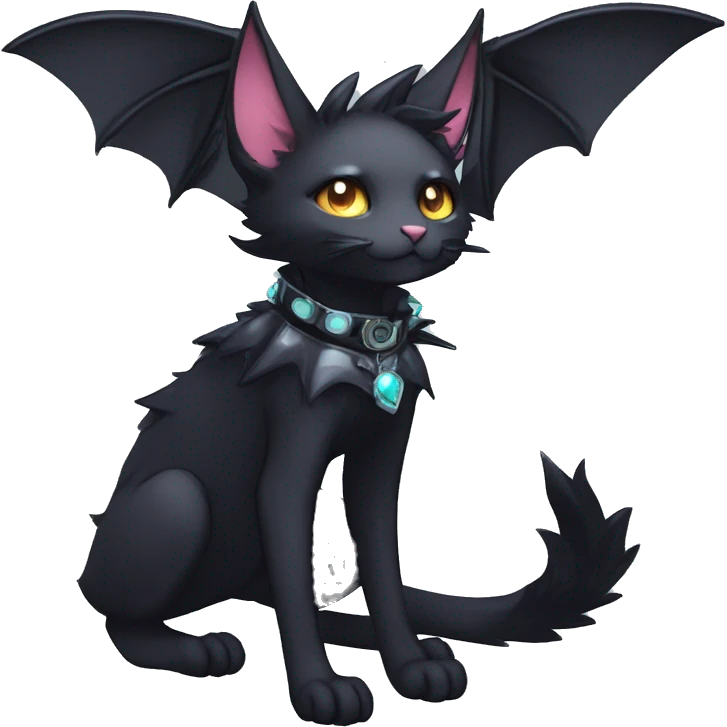 cool edgy beautiful pretty anthro godly colorful ethereal black fantasy elegant nargacuga-bat-cat-Fakemon wearing a collar, techwear style, full body emoji