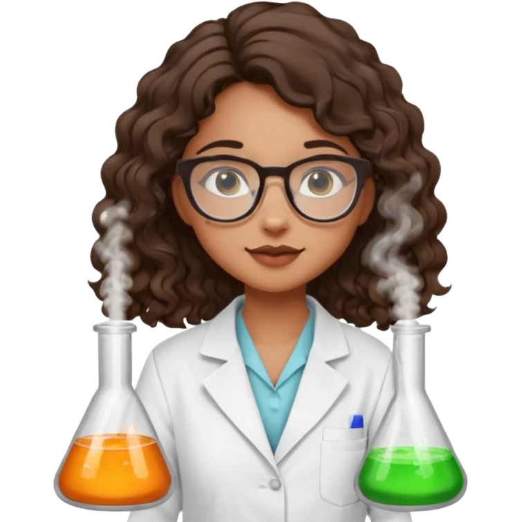 bratz doll with long loose curly dark brown hair, that reaches her lower back glasses that are round cat eye vibes, in a lab coat mixing beakers that glow shes a 4th grade girl emoji