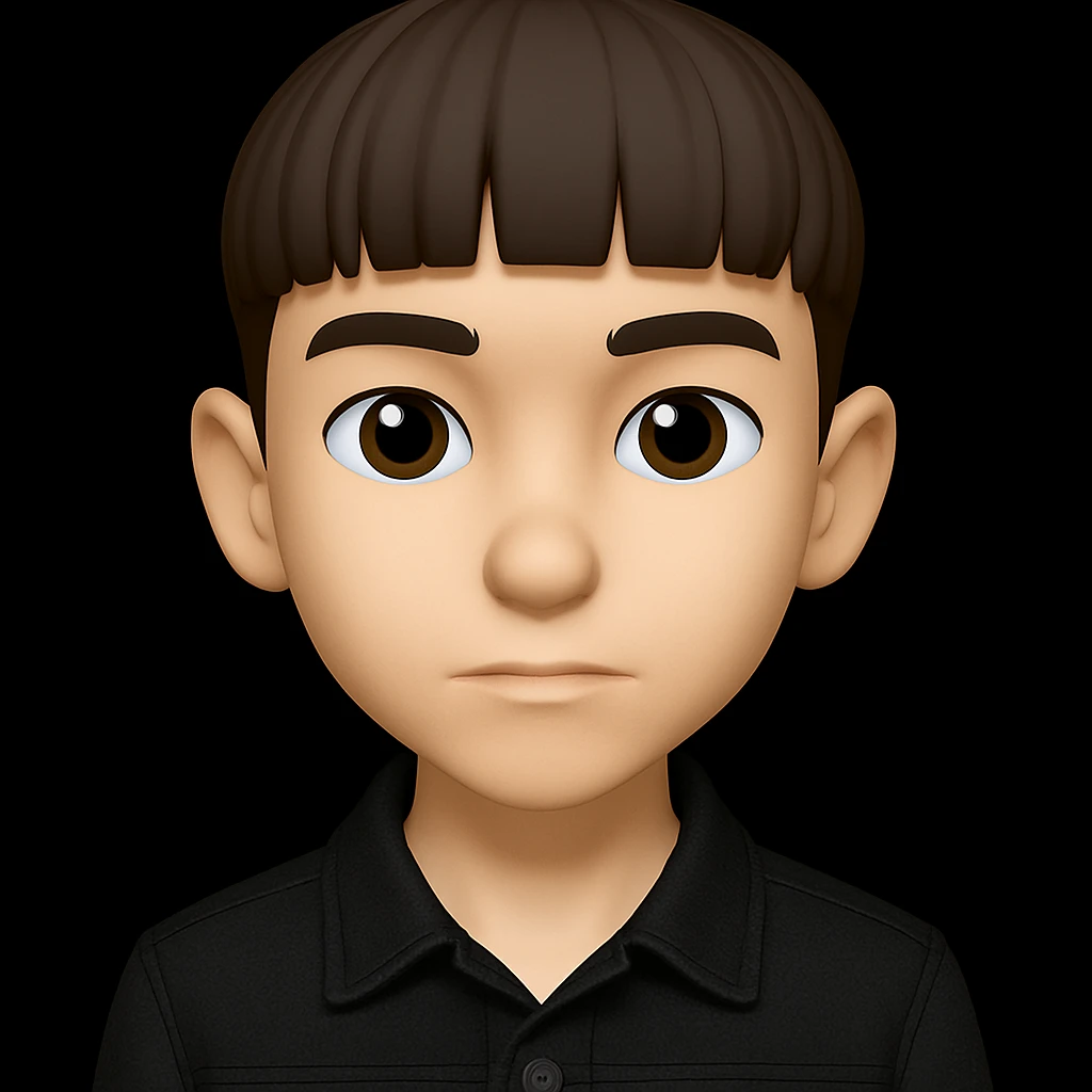 Edit the boy's outfit to a black denim jacket and make the boy slim, not fat or round. Keep the boy's face and all other features the same as the original image. emoji