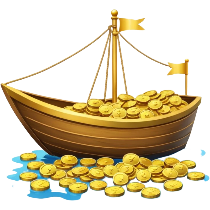 emoji of gold coins on the boat in the sea emoji