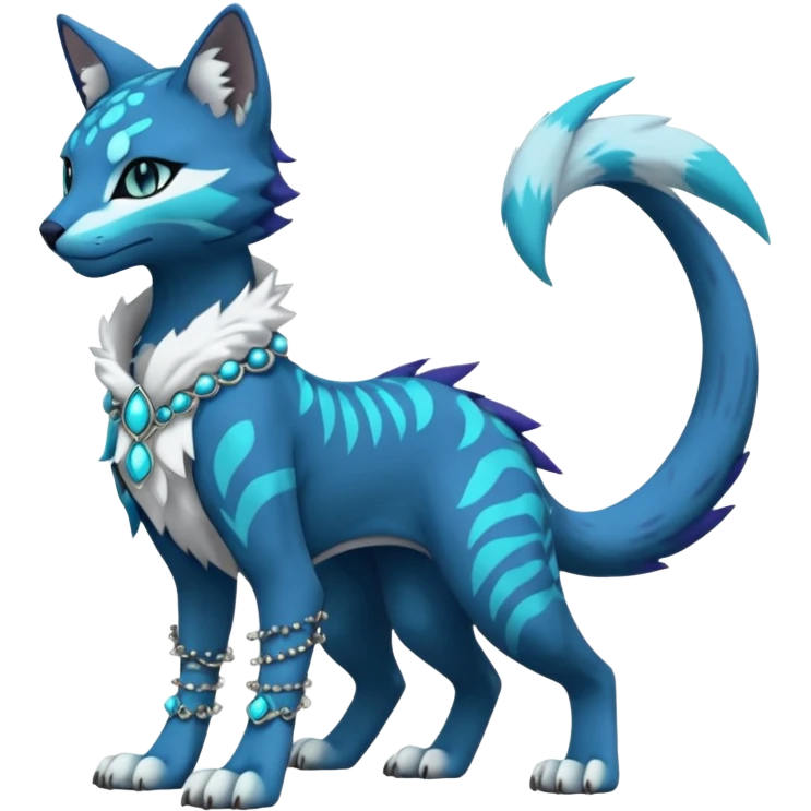 Kawaii cute Indigo Turquoise Grey beautiful pretty elegant divine edgy feline-vernid-sergal-Fakémon-Pokémon-Digimon-fursona-animal-creature, full body, with intricate detailed markings, silken shawl, decorative anklets emoji