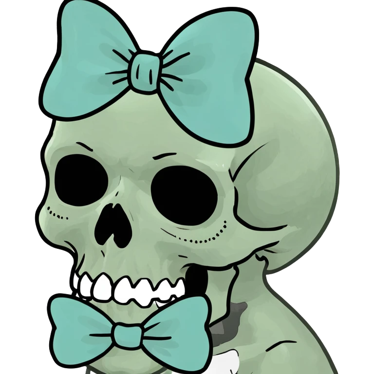 skull wearing a small light aqua blue bow emoji