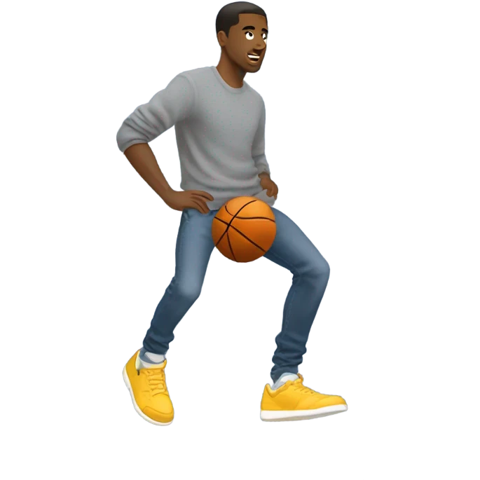 Side profile full body man basketball jumpshot grey sweater and jeans emoji
