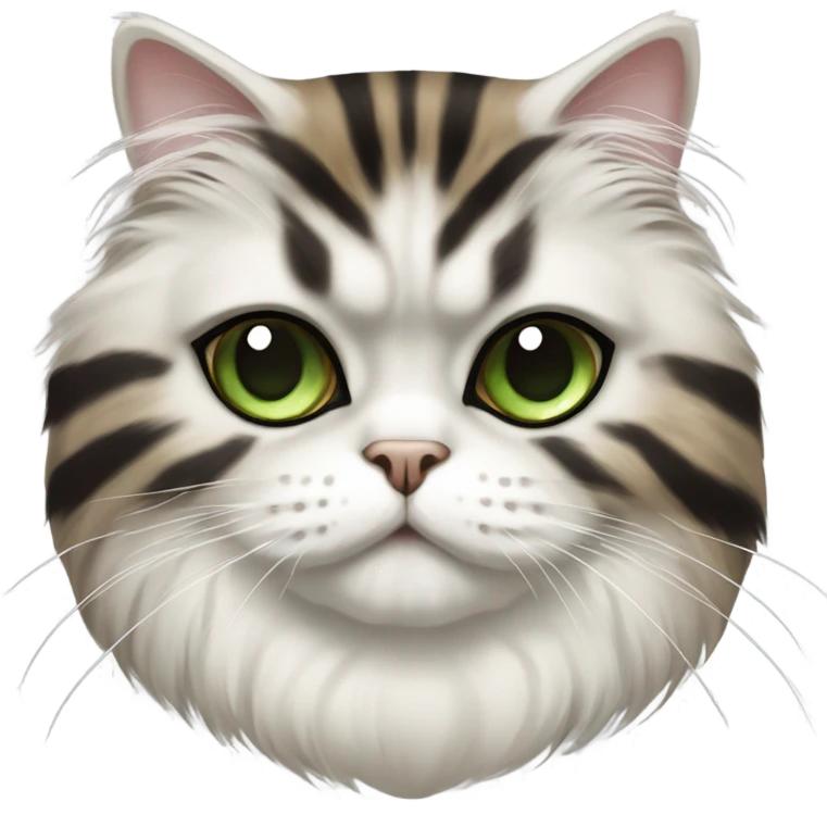 Brown, black stripes, white patches,  Persian cat with green eyes emoji