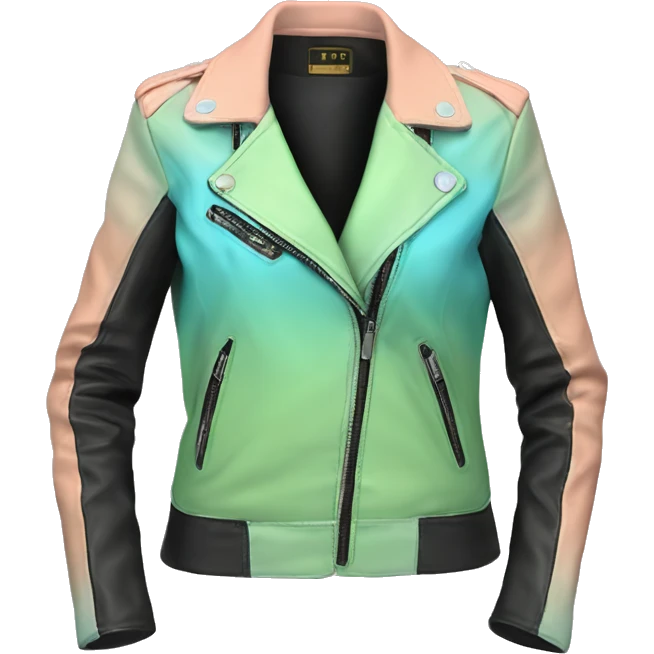 Hyper Realistic isolated side view of an open black,peach,pastel green,pastel blue ombre feminine fashion leather jacket.  emoji