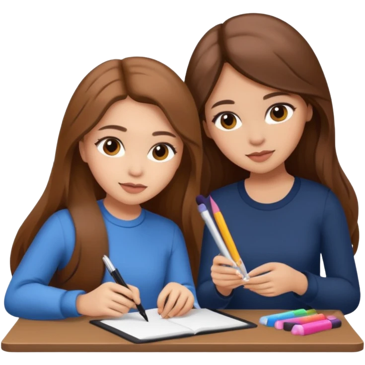 TWO BROWN HAIRED GIRLS DOING PROJECT IN  COMPANY, PROFESSIONAL AND CUTE , LONG HAIR MAKEUP emoji