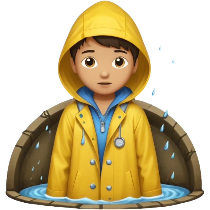 Enfant a caouet jaune se penchant vers un égout et il pleut emoji