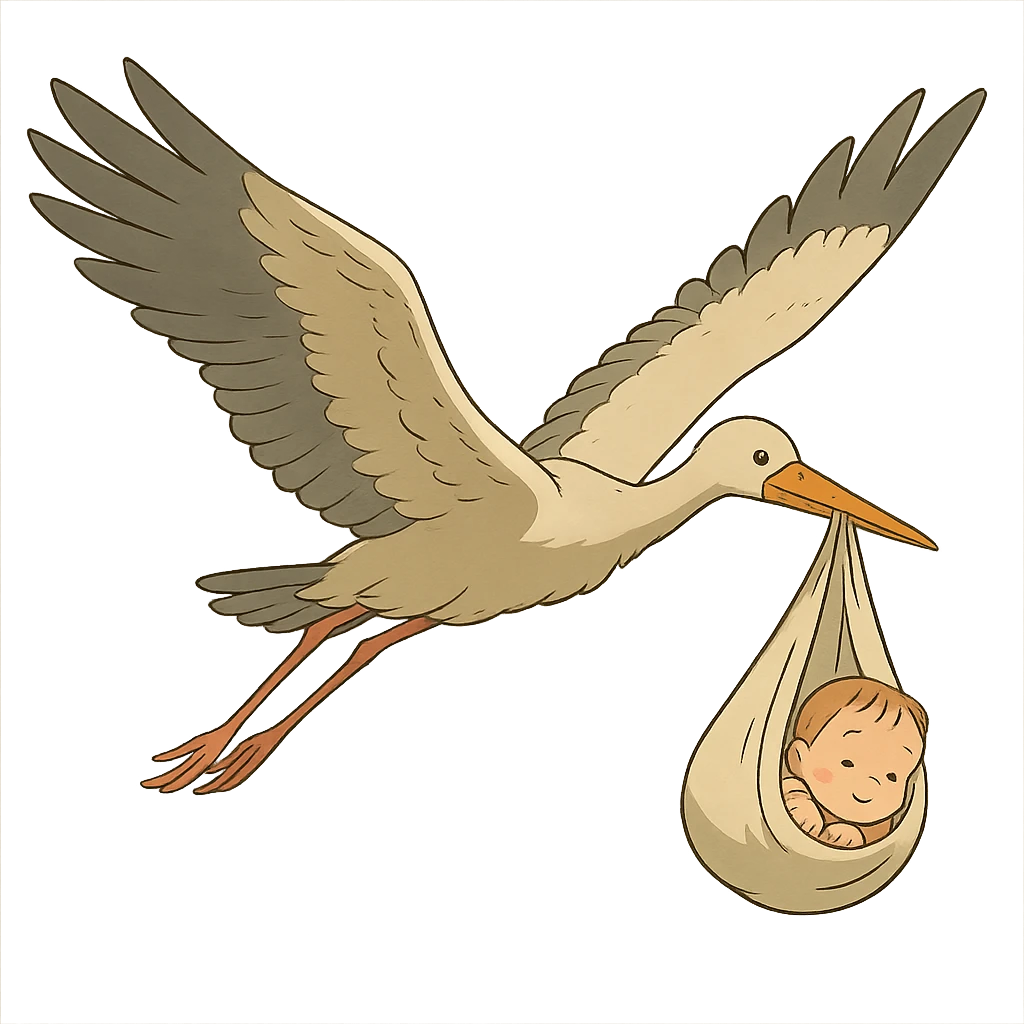 ghibli style stork flying with baby emoji