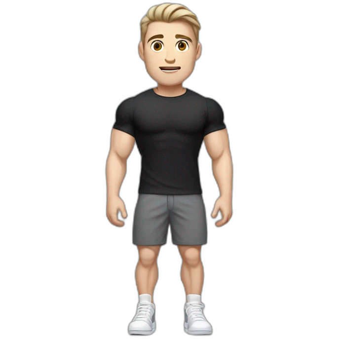 Pale skinned Fit Man With the biceps and dark brown hair in black shirt, gray sports shorts and white Sneakers emoji