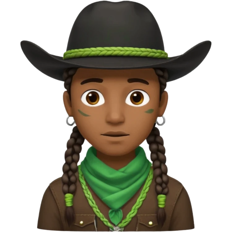 Black boy with 3 braids on each side of face wearing a black cowboy hat with green bandana around his neck emoji