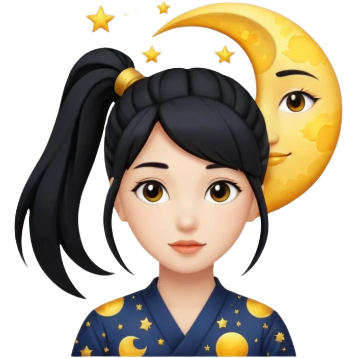 girl with black ponytail, sun, moon, star emoji