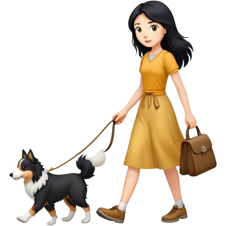 A girl with long black hair walking a collie emoji