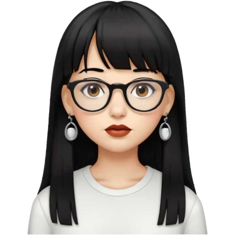 uma mulher snapchat icon, cor da pele normal, cabelo preto liso grande, solto grande com franja vegana, franja inteira curta, óculos pretos, com piercing na boca e nariz, olhos castanhos, camisa branca, a tela de fundo branca, coloque um brinco na boca e no nariz emoji