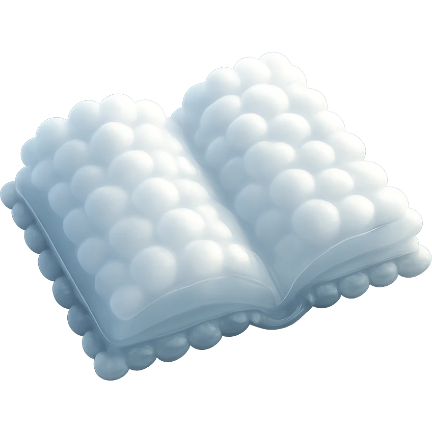 top view of a thick open book made entirely of small, very bright white fluffy convex clouds, matte glass style, emphasis on volume and airiness, no background emoji
