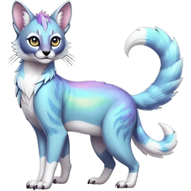 Colorful dark tropical iridescent pastel white glorious divine exotic cute cool beautiful shiny beautiful fantasy-caracal-civet-genet-sergal-vernid-Gryphon-Cacomistle-Trico-oncilla-animal-Fakémon-hybrid-fursona (full body) emoji