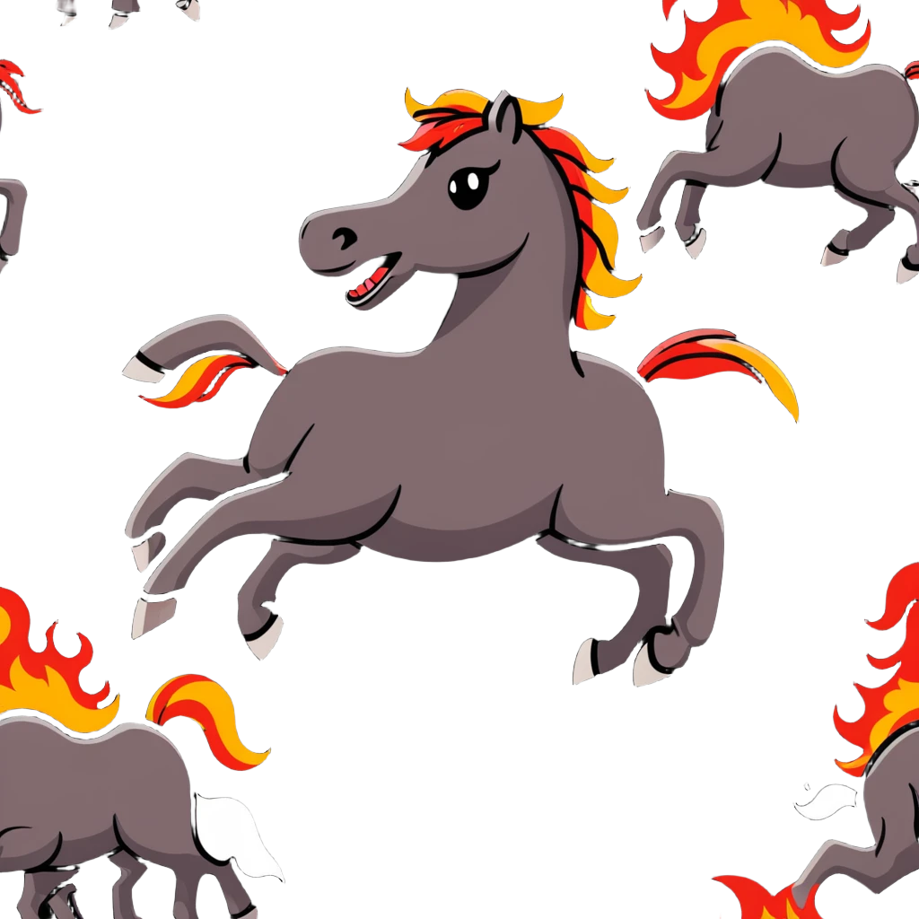 A red galloping horse composed entirely of fiery embers, magma flowing through its body, visible lava veins, flames burning along its mane and tail, with ash particles floating around it emoji