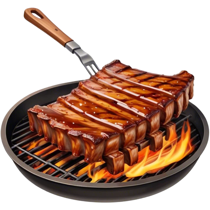 Cinematic juicy grilled ribs, glistening with smoky barbecue sauce, charred edges, tender meat falling off the bone, sizzling on a hot grill, mouthwatering and rich, warm and inviting, ultra-realistic and delicious. emoji