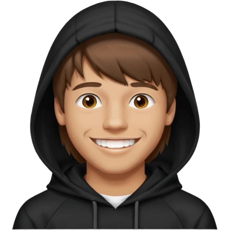 20 yr old man, brown hair, straight, big smile, white teeth, tanned skin, bangs, black hooded sweatshirt, long hair in back, middle parted bangs emoji