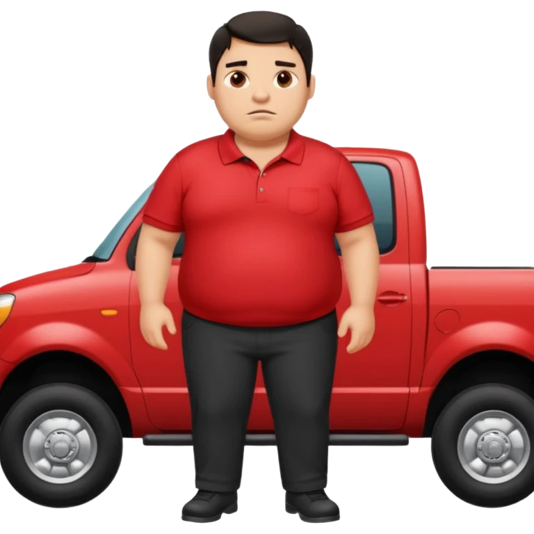 Fat guy with dark hair jacking up a truck while sweaty in a red polo and black pants emoji