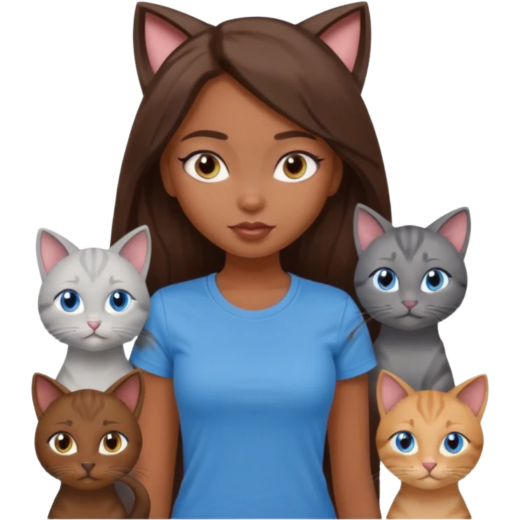 a pretty bratz dusky girl with long brown hair, blue eyes with six cats nd wearing a grey tshirt emoji