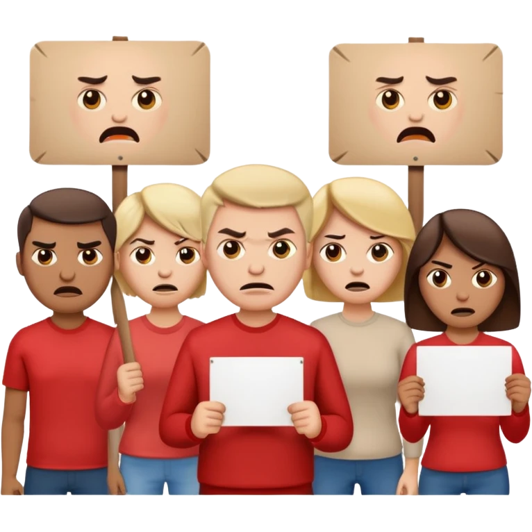 a crowd of people with angry faces and holding placards that read: we disagree emoji