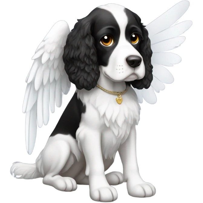 black and white britiny spaniel with angel wings emoji