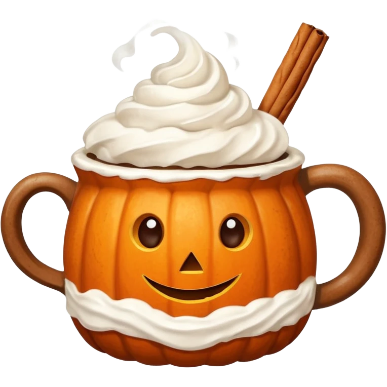 Steaming coffee Mug with whipped Cream and cinnamon Dust on Cream.  Small Punkin and 3 sticks of cinnamon next to mug emoji