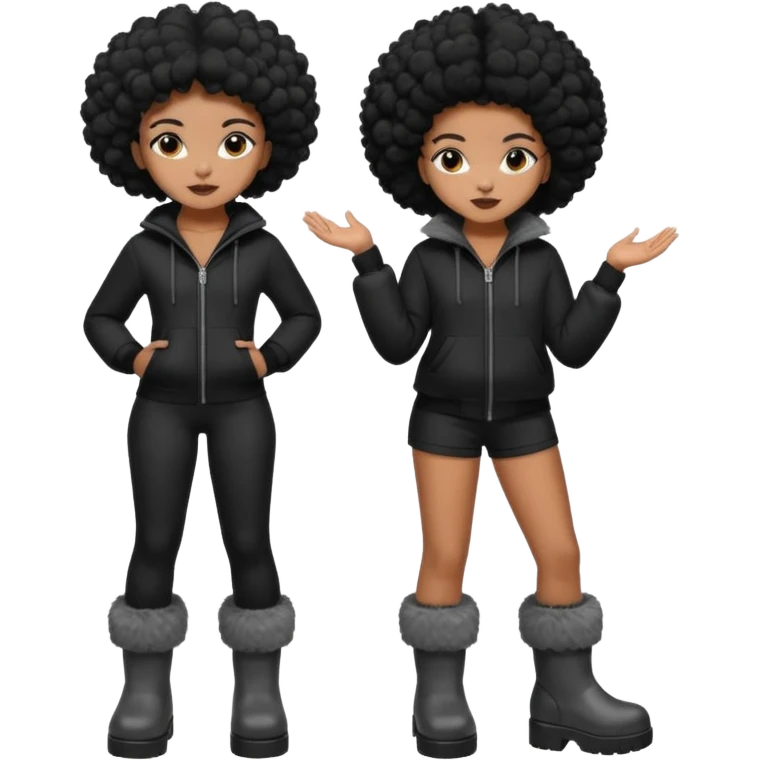 A brown skin girl that has a slim and thick body with black hair into two Afro puffs   and wears all black outfit with grey furry boots  emoji