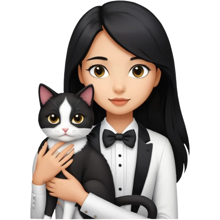 A beautiful girl with long black hair wearing a white short-sleeved shirt hugs a tuxedo cat emoji
