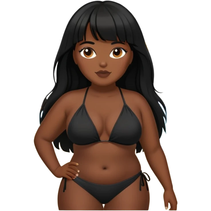 Plus size Latina female with bangs black long hair in the beach with black bikini emoji