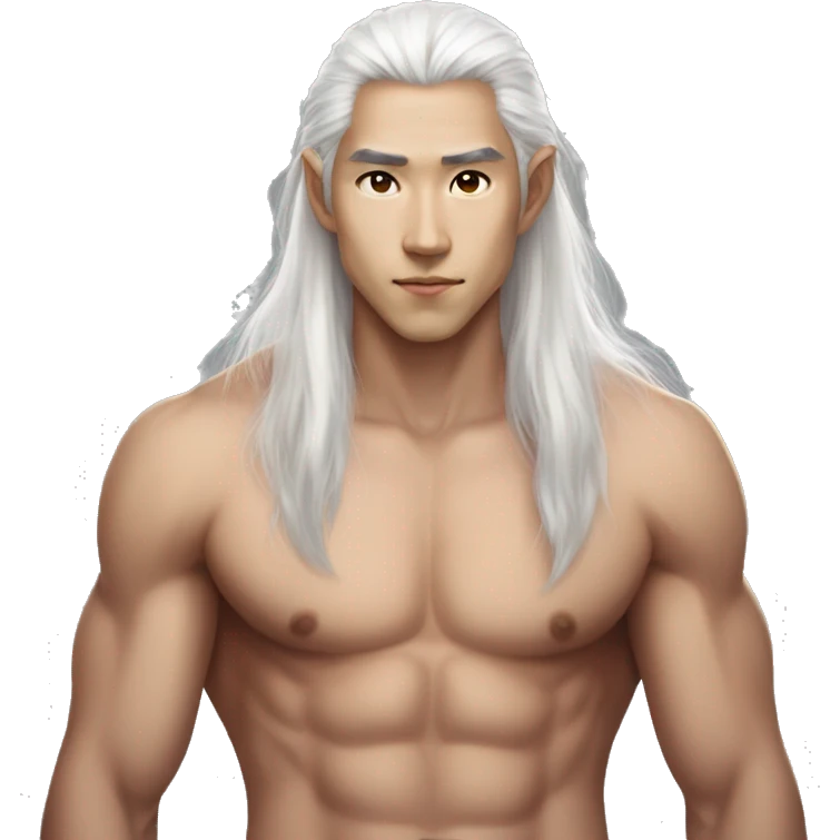 Asian masculine shirtless abs long white hair elf  emoji