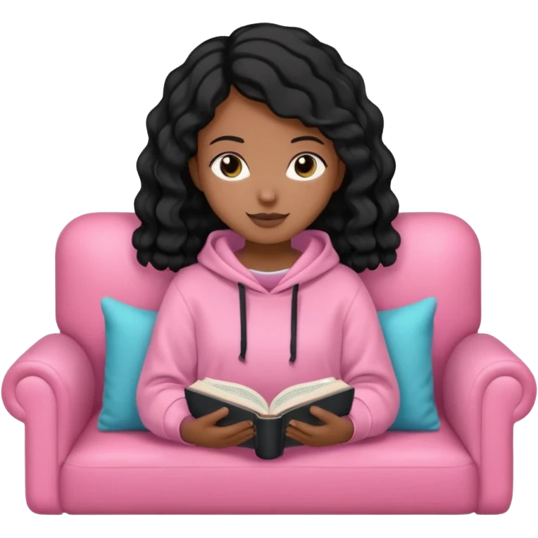 Una chica linda de cabello negro con ondas hasta los hombros de piel blanca con una sudadera rosa en un sofá cómodo y hermoso leyendo la biblia emoji