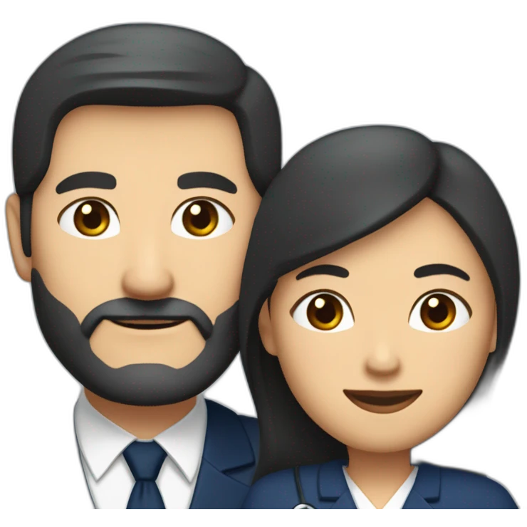 husband middle aged executive classic dark hair thin beard wearing dark blue business suit and bible, with wife filipina nurse age 55 dark hair emoji